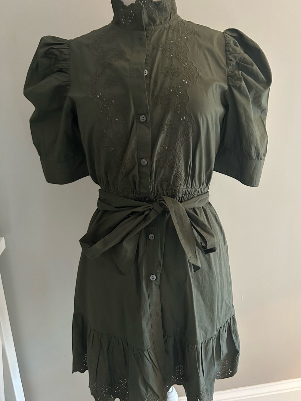 GAP Olive Green Eyelet Puff-Sleeve Mini Dress